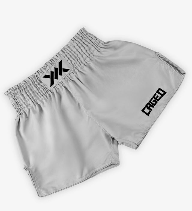 Calções de Muay Thai Caged Classic – Cinzento Claro/Preto para mulher
