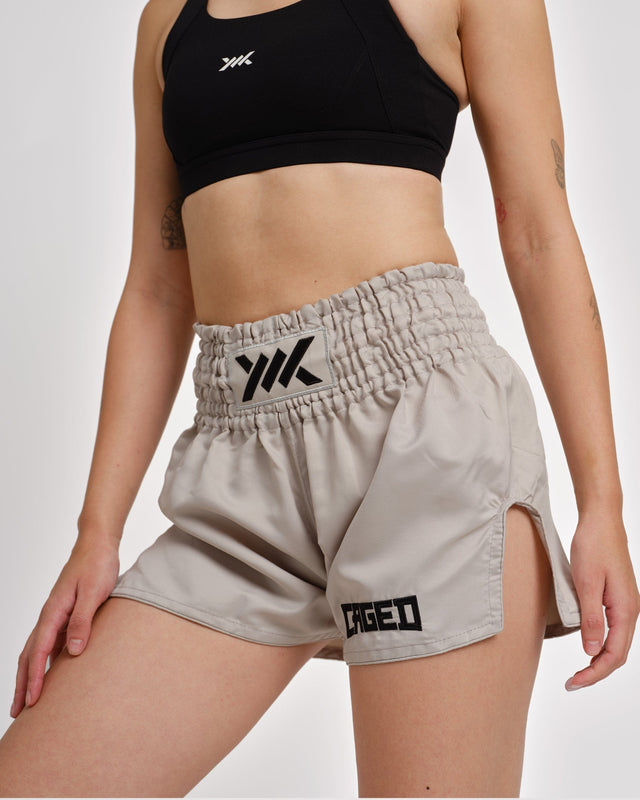 Calções de Muay Thai Caged Classic – Cinzento Claro/Preto para mulher