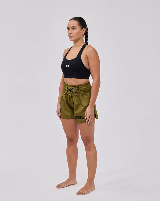 Calções de Muay Thai Caged Classic – Cáqui/Preto para mulher