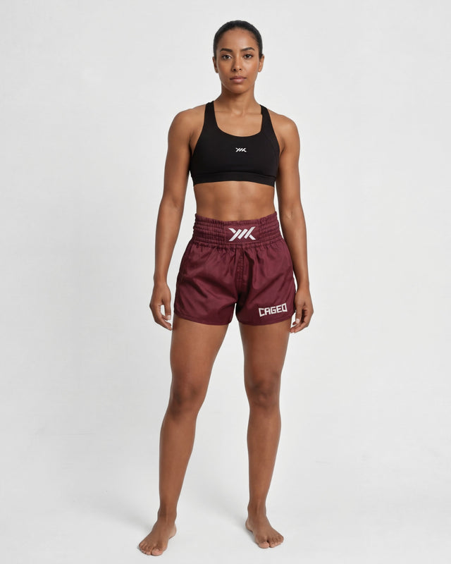Calções de Muay Thai Caged Classic – Bordô/Branco mulher