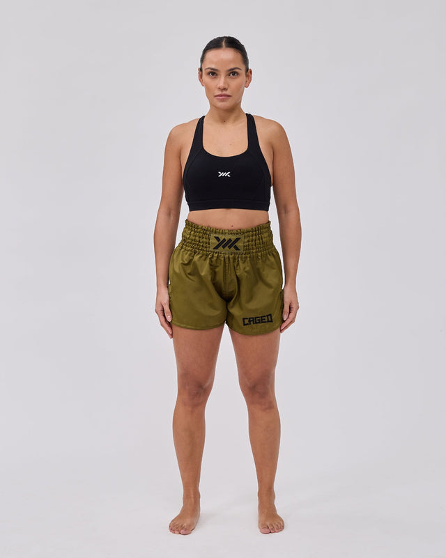 Calções de Muay Thai Caged Classic – Cáqui/Preto para mulher