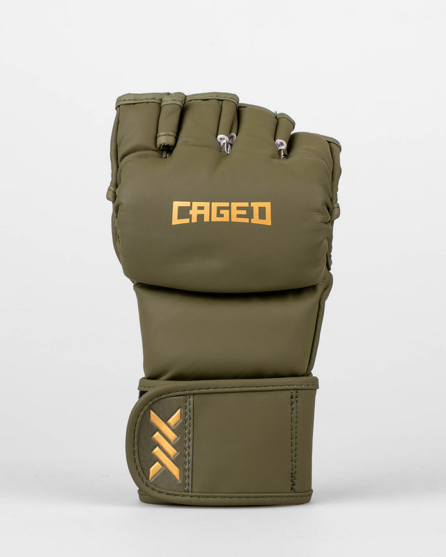 MMA rukavice Caged Shadow – Khaki zelená/Zlatá