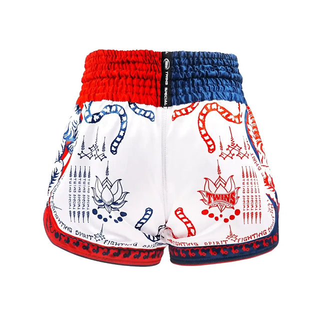 Calções de Muay Thai Twins TTBL Yant – Branco/Azul/Vermelho