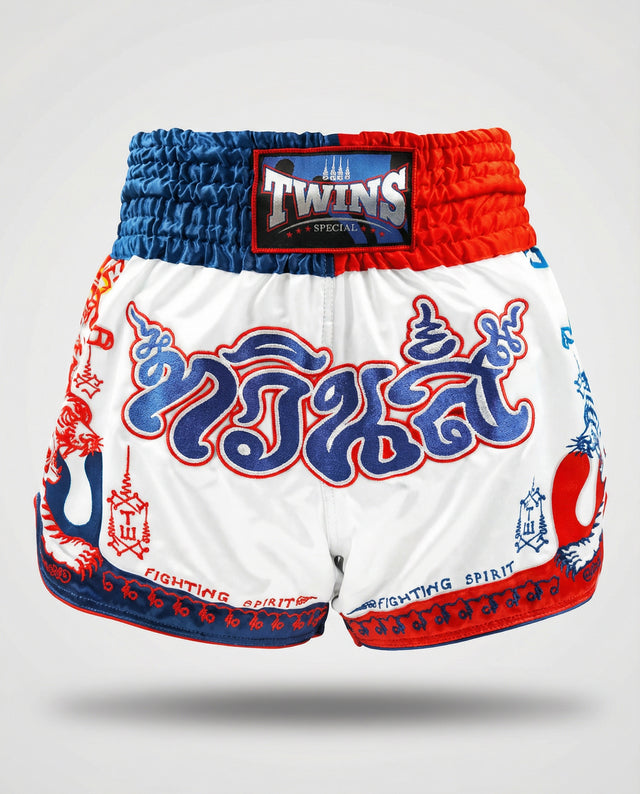 Calções de Muay Thai Twins TTBL Yant – Branco/Azul/Vermelho