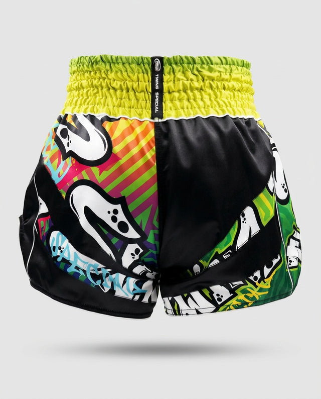 Muay Thai trenky Twins TTBL Graffiti – Černé/Zelené/Žluté