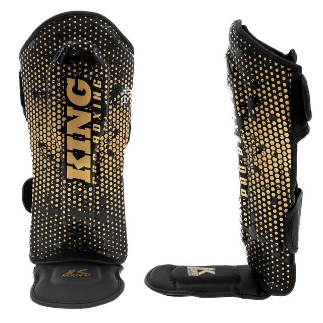 Caneleiras de kickboxing King Pro Boxing Hexagon Criança – Preto/Ouro