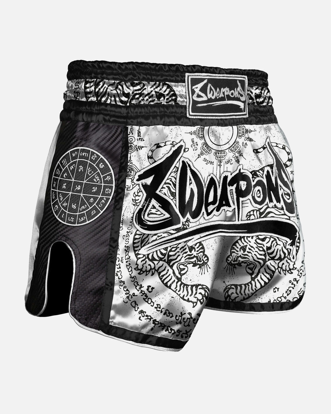8 WEAPONS Muay Thai Shorts Carbon Sak Yant Tigers - Wit