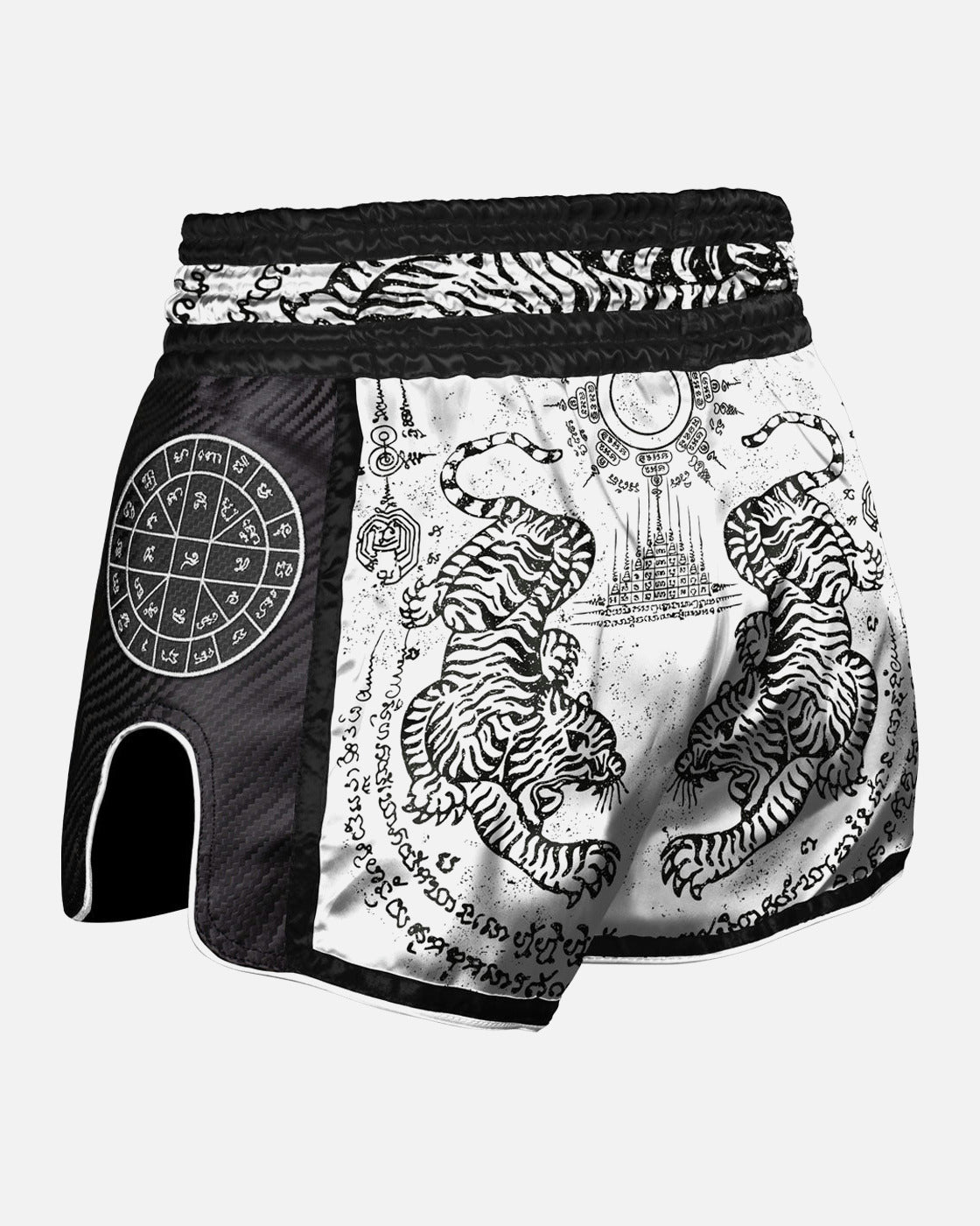 8 WEAPONS Muay Thai Shorts Carbon Sak Yant Tigers - Wit