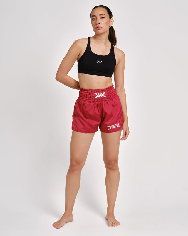 Pantaloncini Muay Thai Caged Classic – Rosso/Bianco donna