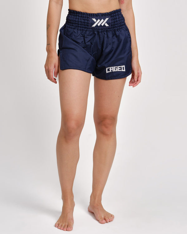 Muay Thai trenky Caged Classic – Tmavě modré/Bílé