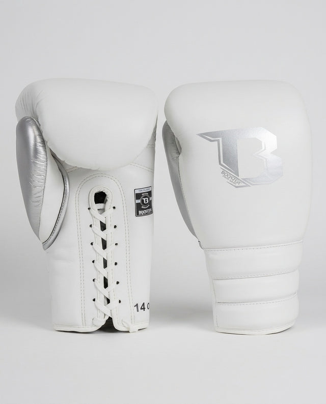 Gants de boxe Booster Rapid Strike à lacets – Blanc/Argent