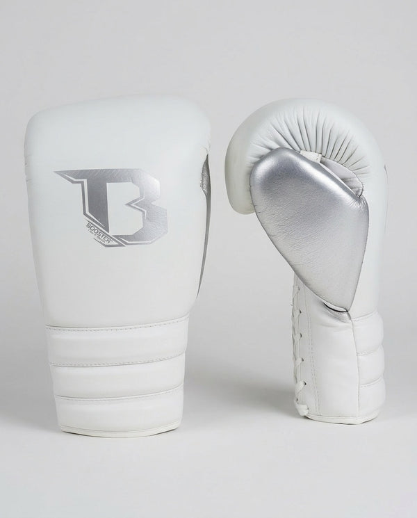 Gants de boxe Booster Rapid Strike à lacets – Blanc/Argent