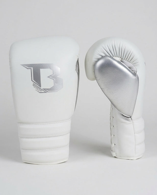 Gants de boxe Booster Rapid Strike à lacets – Blanc/Argent