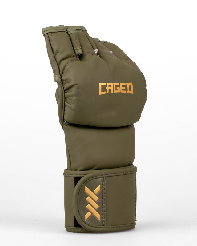 MMA rukavice Caged Shadow – Khaki zelená/Zlatá