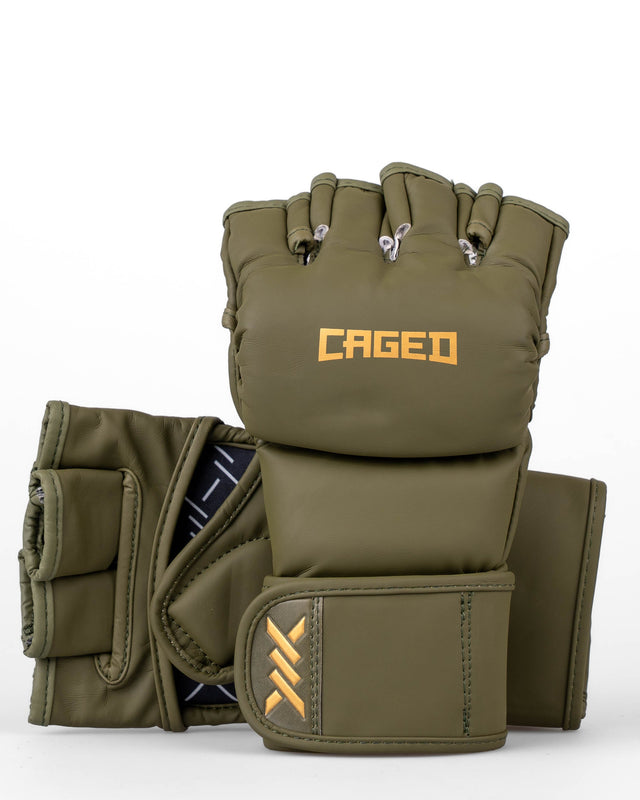 MMA rukavice Caged Shadow – Khaki zelená/Zlatá