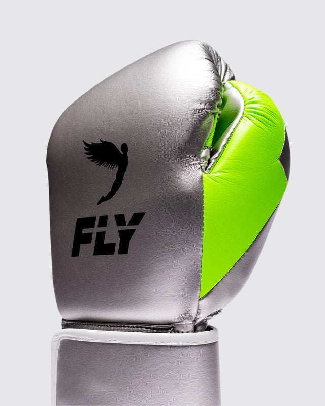 Rękawice bokserskie Fly Superloop Pro X 2 – Srebrne/Neonowo Zielone
