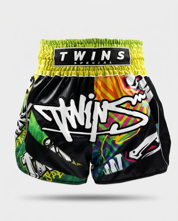 Twins Muay Thai Shorts TTBL Graffiti - Zwart/Groen/Geel
