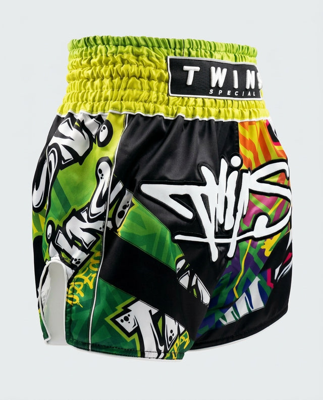 Muay Thai trenky Twins TTBL Graffiti – Černé/Zelené/Žluté