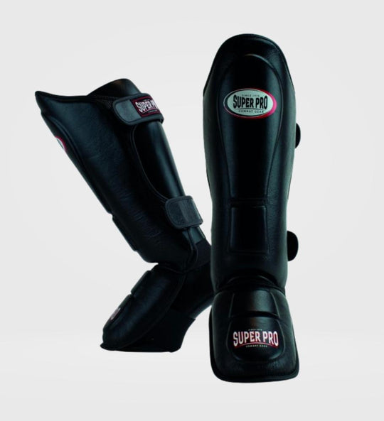 Super Pro Kickboks Scheenbeschermers Thai Pro Leer - Zwart
