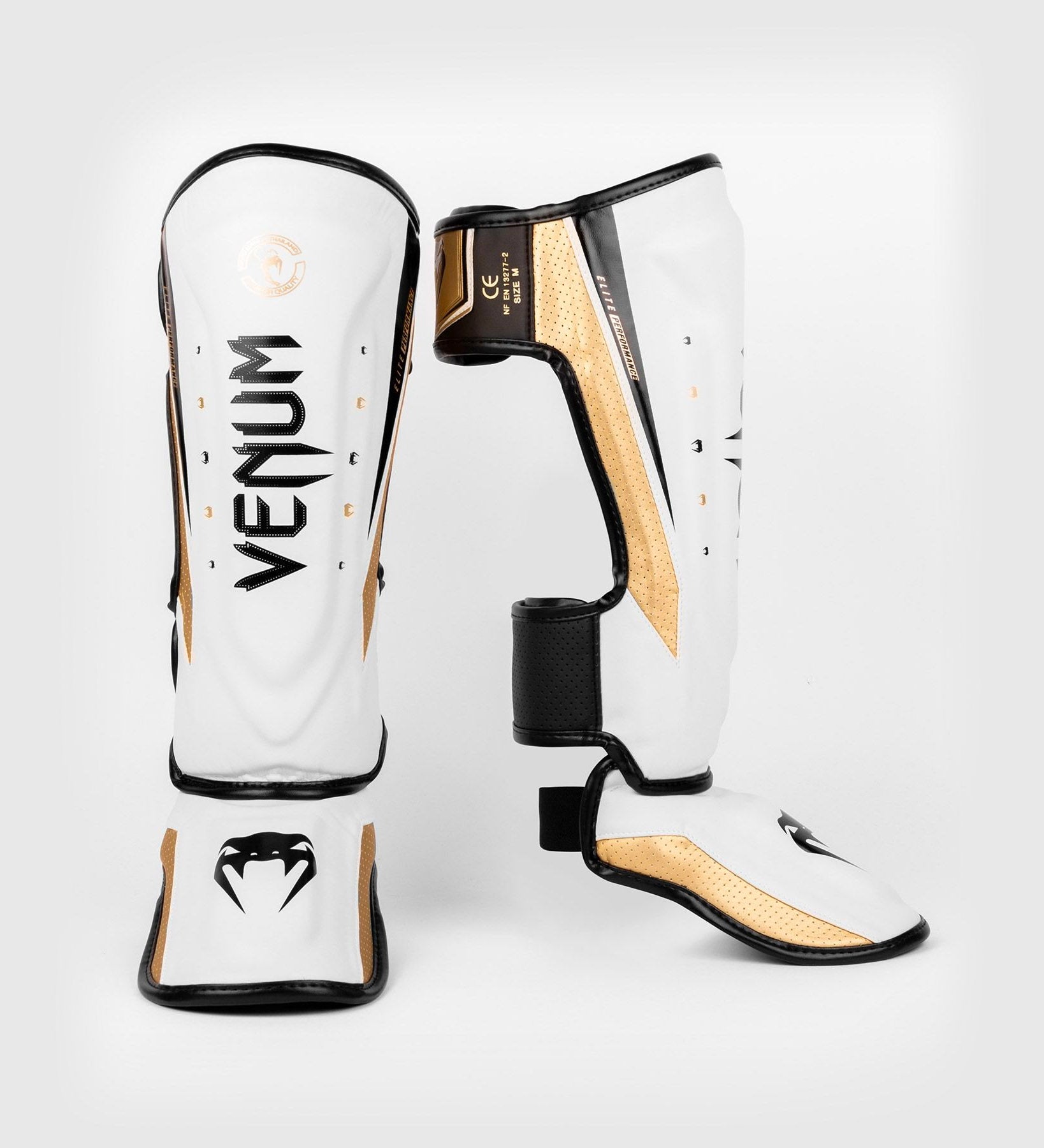 Venum Kickboks Scheenbeschermers Elite Evo - Wit/Goud - Scheenbeschermers