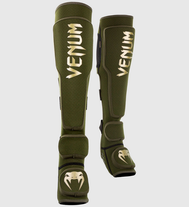 Venum Kickboks Scheenbeschermers Kontact Evo - Kaki Groen/Goud - Scheenbeschermers